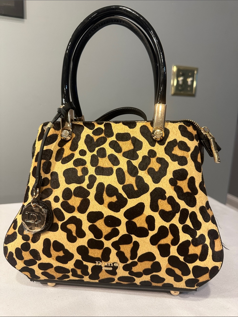 Dune London Yellow and Black Leopard Print Top-Handle Satchel